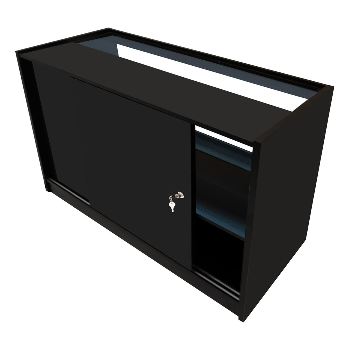 Bancone nero con illuminazione LED, design elegante, ante scorrevoli e ripiani interni, ideale per spazi moderni e funzionali