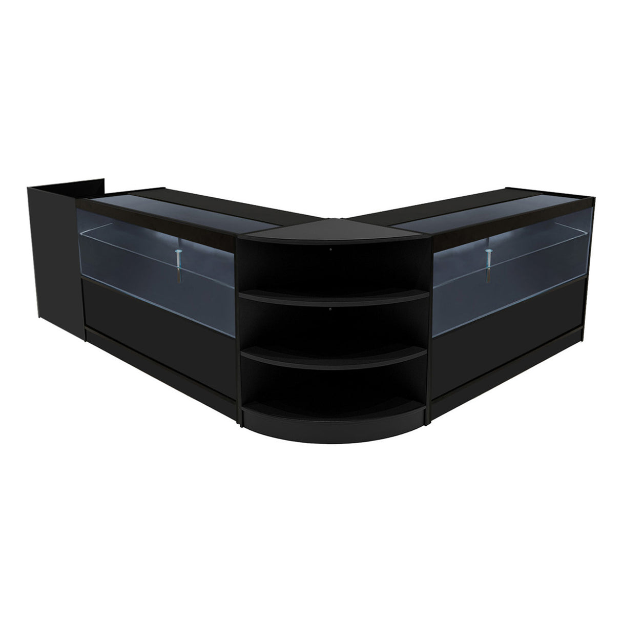 Set banconi neri con illuminazione LED, design elegante e moderno, vetro trasparente e ripiani curvi per esposizione prodotti