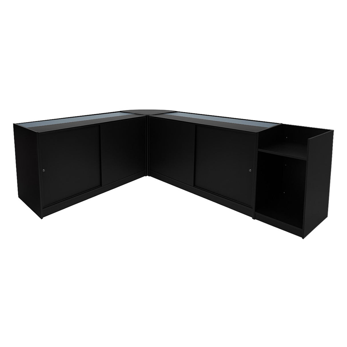 Set di banconi angolari neri con illuminazione LED, superfici lisce e moderne, perfetti per spazi commerciali e di intrattenimento