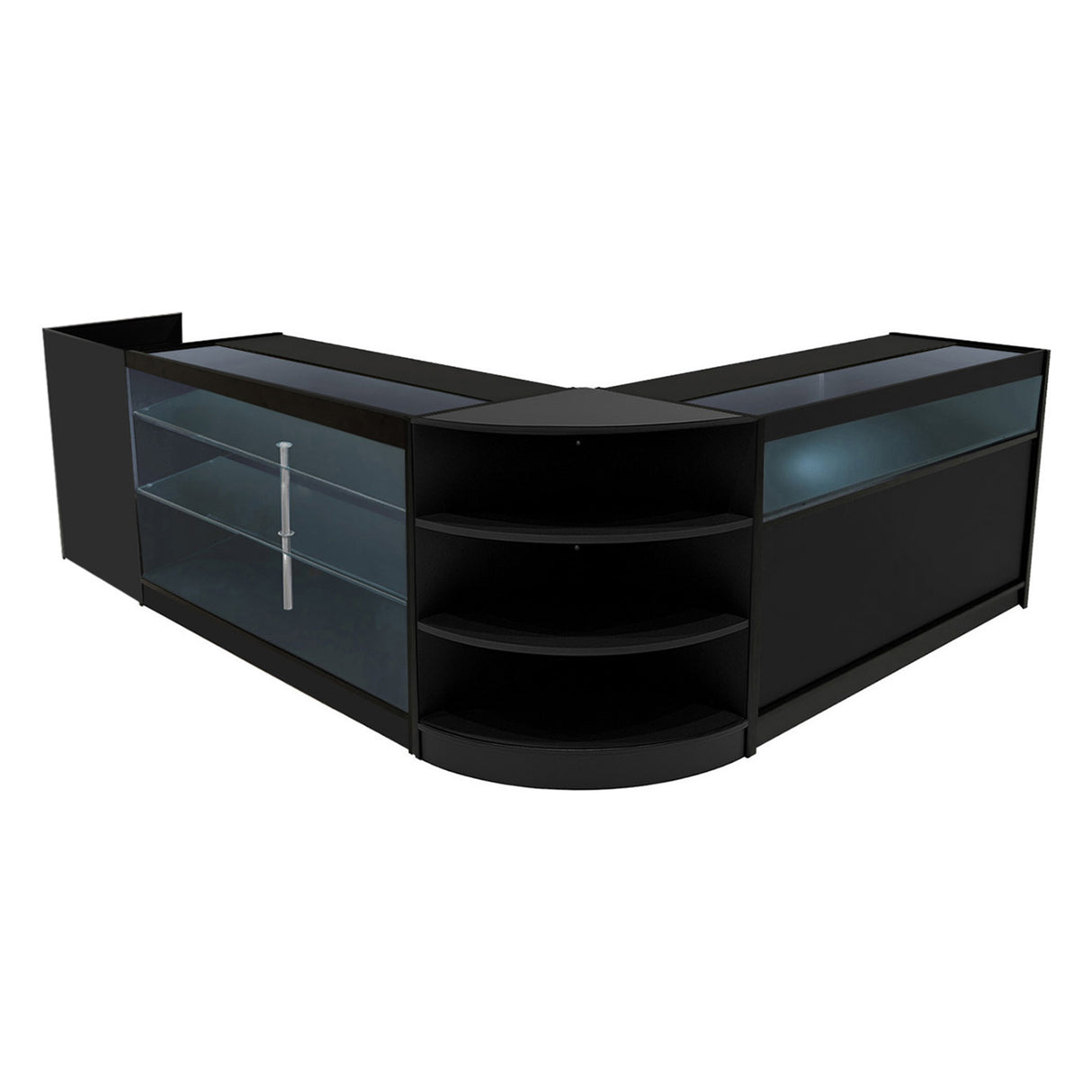 Set di banconi neri con illuminazione LED, design moderno e superfici lisce, adatti per esposizione e vendita in negozi