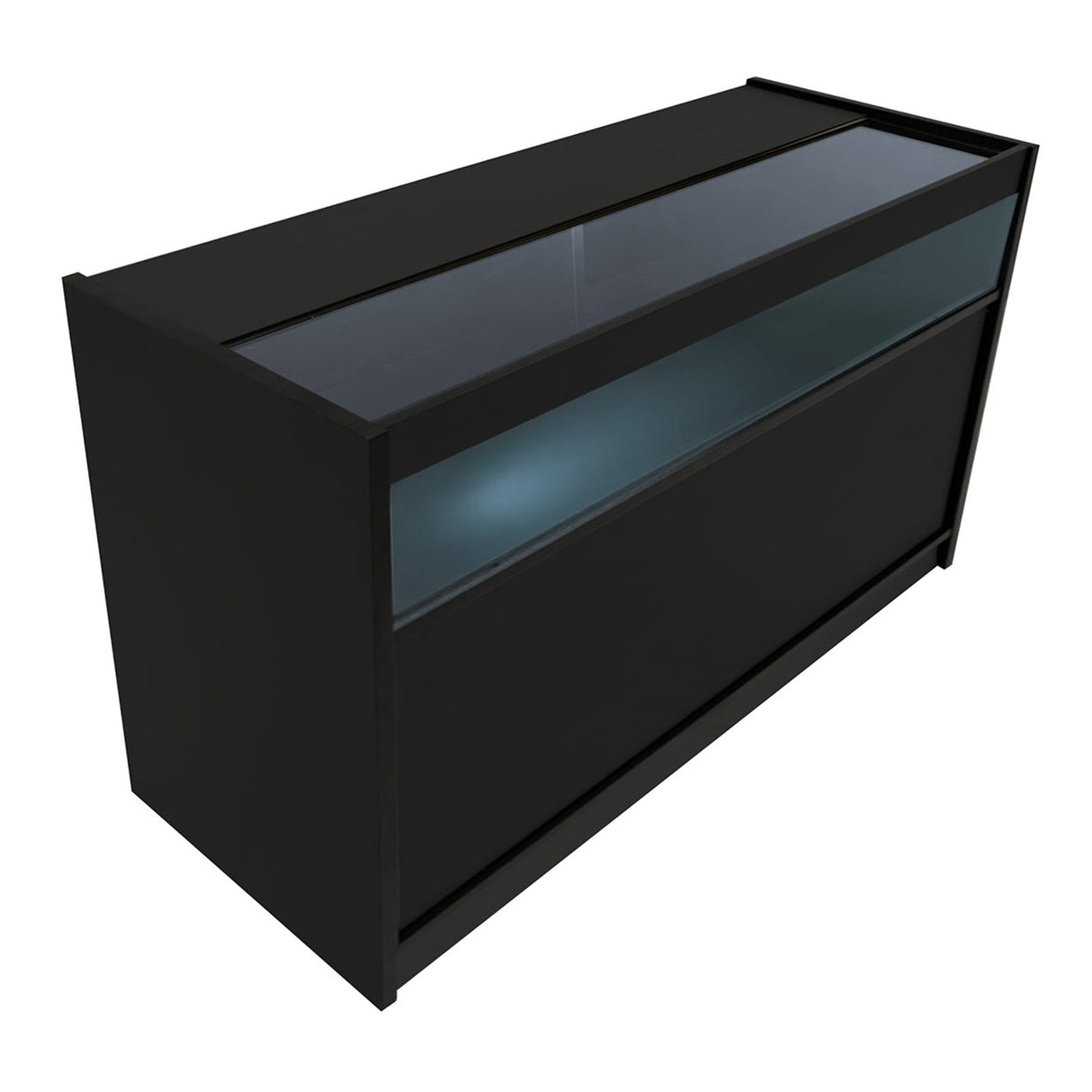 Set banconi neri con illuminazione LED, design moderno, superficie liscia e vetro trasparente, ideale per spazi eleganti e contemporanei