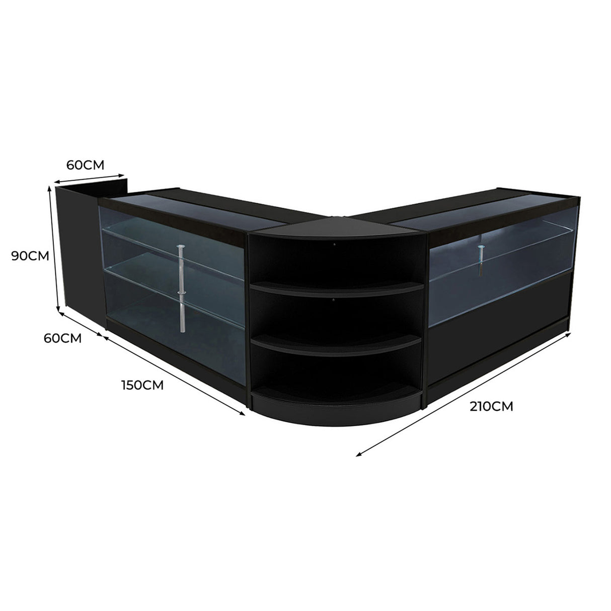 Set banconi Theia LED in nero, con vetro trasparente, linee moderne e dimensioni di 210x150x90 cm, ideale per esposizione prodotti