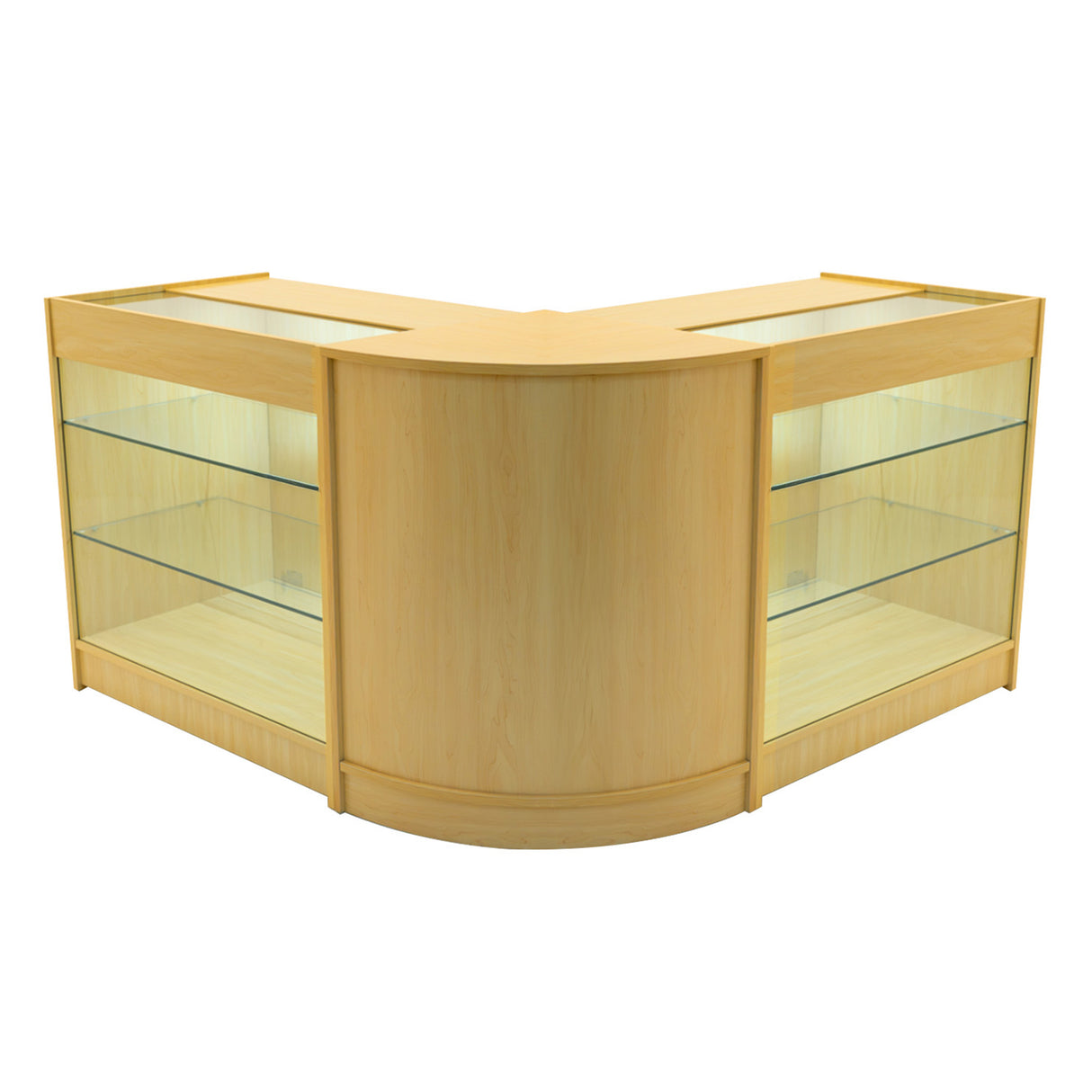 Set banconi Helios in legno d'acero con illuminazione LED, design angolare, ripiani in vetro trasparente, elegante e moderno