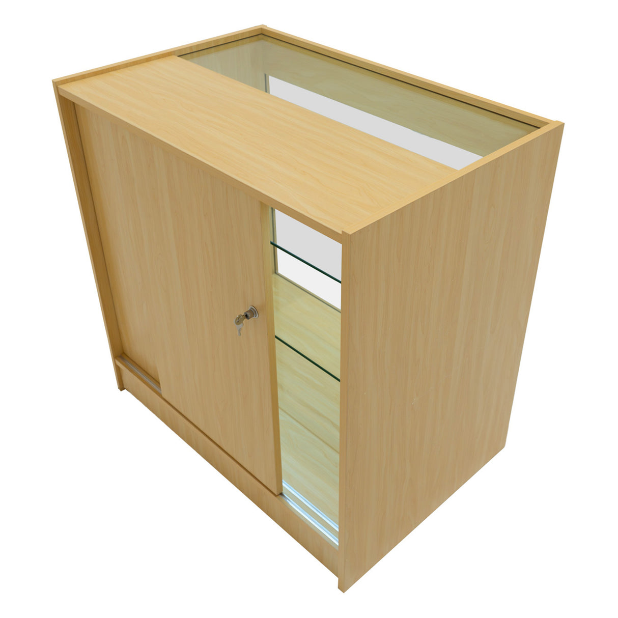 Set banconi Helios in legno d'acero chiaro con illuminazione LED, design angolare, ante scorrevoli e ripiani in vetro trasparente