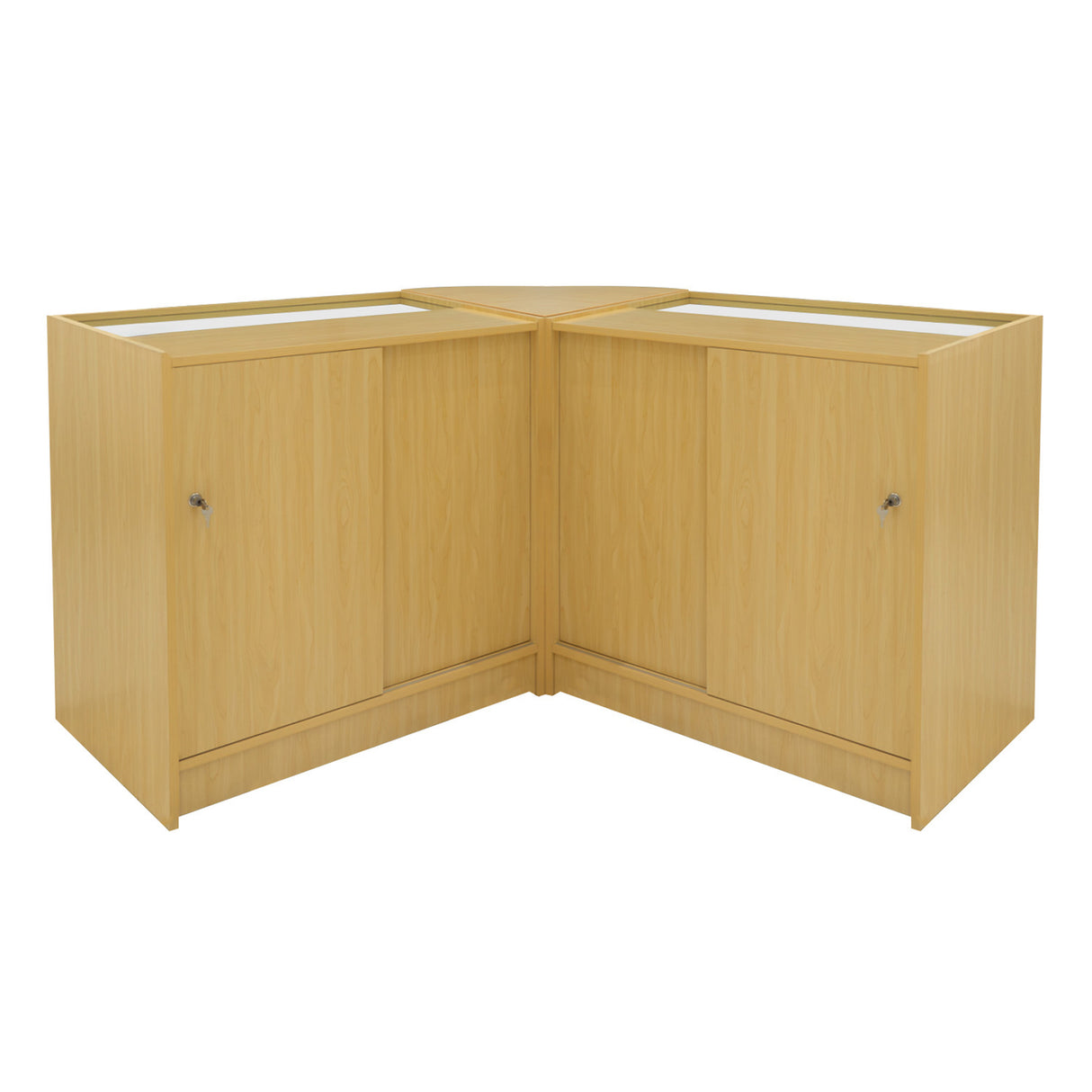 Set banconi angolari Helios in legno d'acero chiaro, con illuminazione LED, ante scorrevoli e superficie liscia e moderna