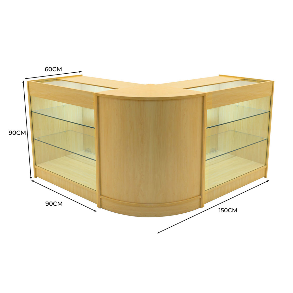 Set banconi angolare Helios in acero chiaro con illuminazione LED, dotato di ripiani in vetro e finiture lisce, dimensioni 150x90x60 cm