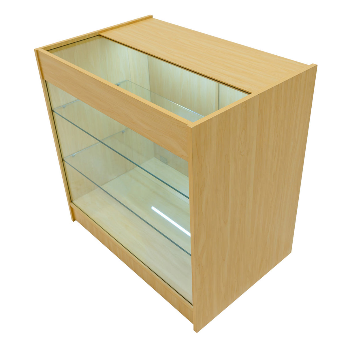 Set banconi Helios in legno d'acero chiaro con illuminazione LED, design angolare e ripiani in vetro trasparente per esposizione elegante