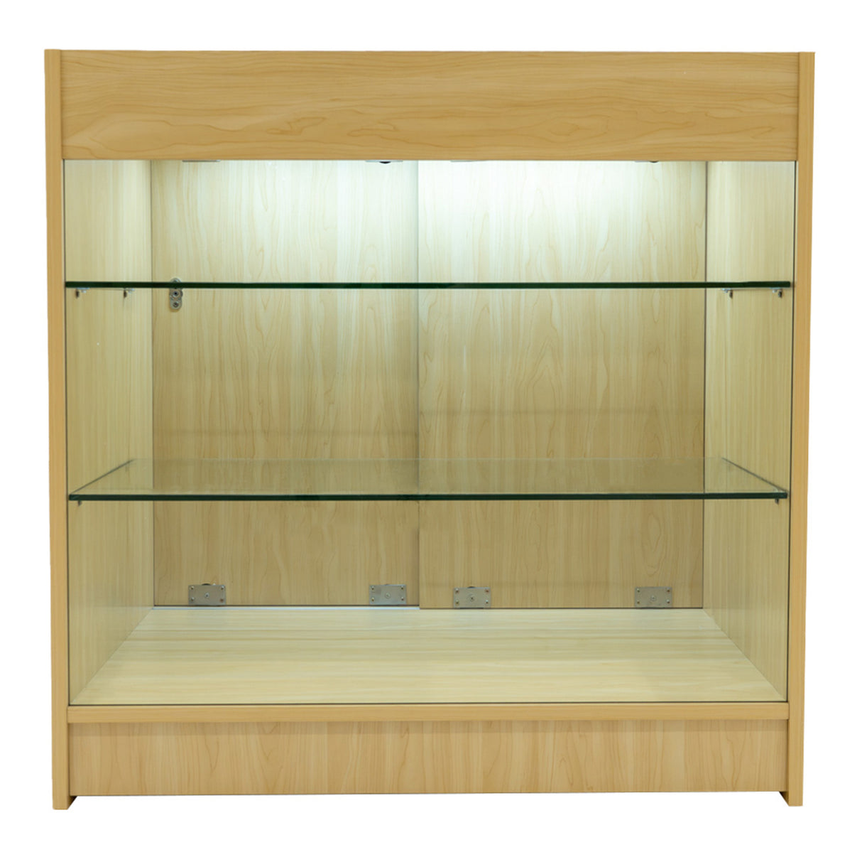 Set banconi Helios in legno d'acero chiaro con illuminazione LED, ripiani in vetro trasparente e finitura liscia e moderna