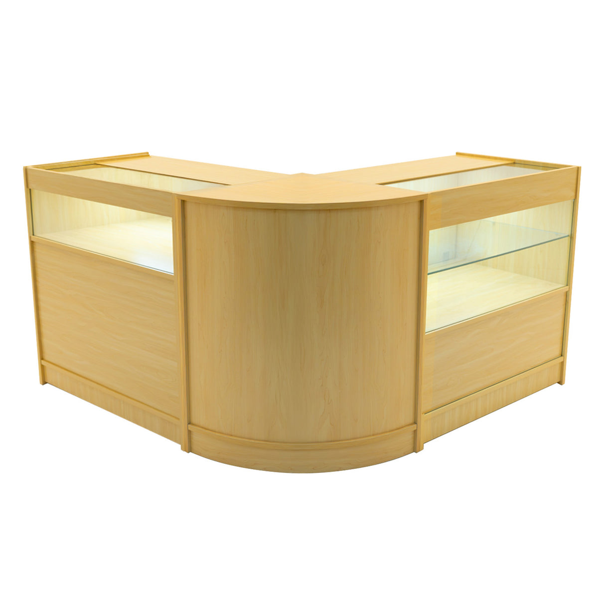 Set banconi da negozio Adonis in legno d'acero, con illuminazione LED, design angolare e superfici lisce e moderne