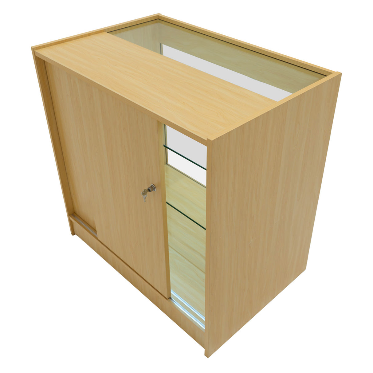 Bancone da negozio Adonis in legno d'acero con finitura liscia, ante scorrevoli e ripiani in vetro, illuminazione LED integrata