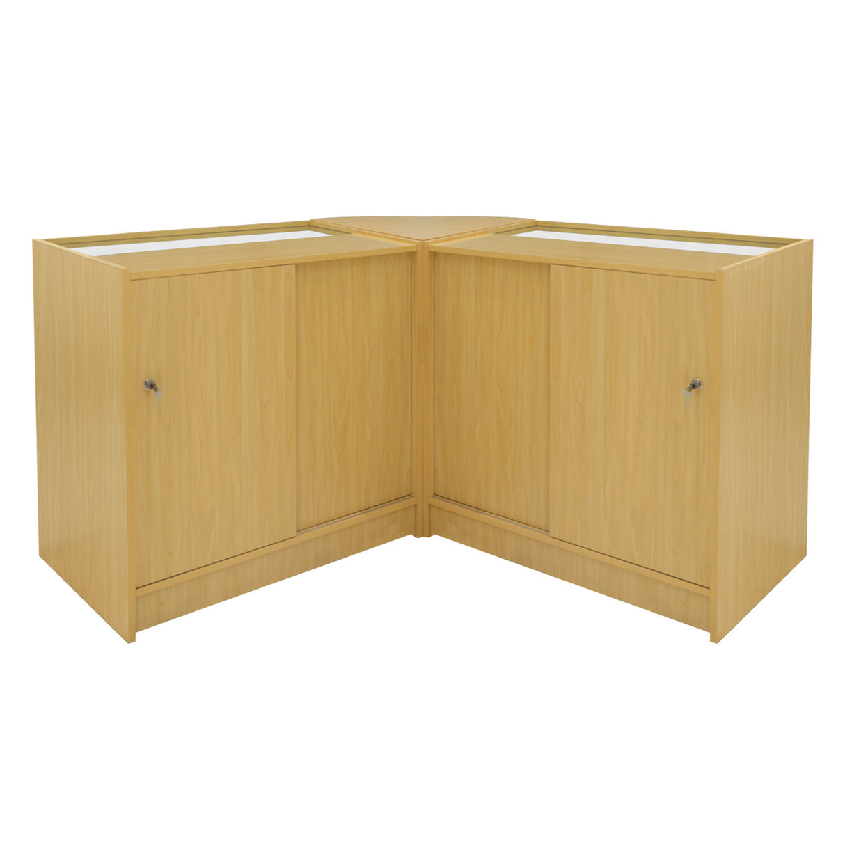 Set banconi da negozio Adonis in legno d'acero chiaro, angolari, con ante scorrevoli e superficie liscia, ideale per esposizione prodotti