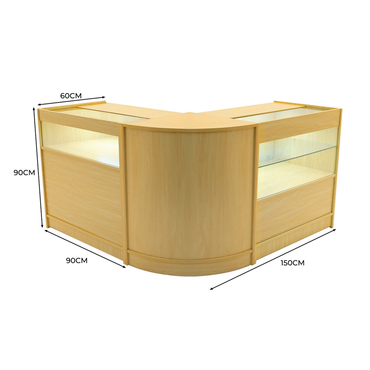 Set banconi da negozio Adonis in legno d'acero, con illuminazione LED, angolare, dimensioni 150x90x60 cm, superfici lisce e moderne