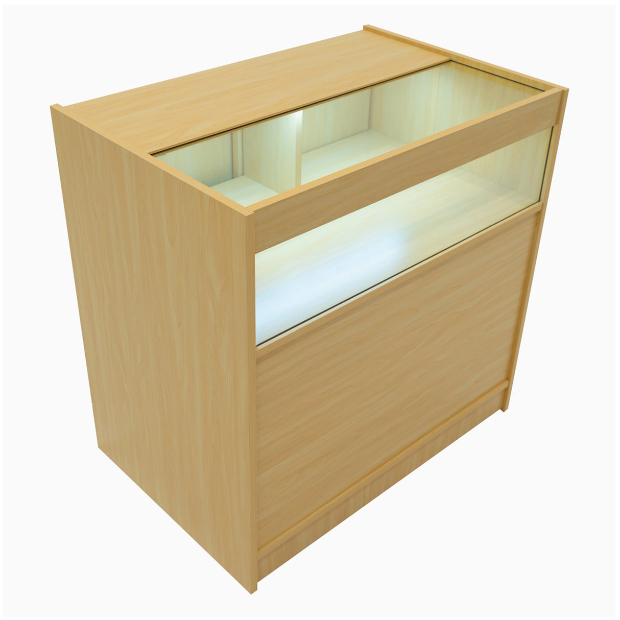 Bancone da negozio Adonis in acero chiaro, con illuminazione LED e superficie liscia, ideale per esposizione e vendita di prodotti