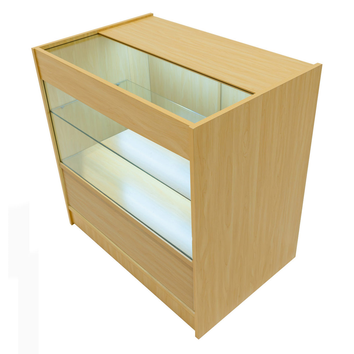 Bancone da negozio Adonis in legno d'acero, con ripiani in vetro e illuminazione LED, design moderno e funzionale per esposizione prodotti