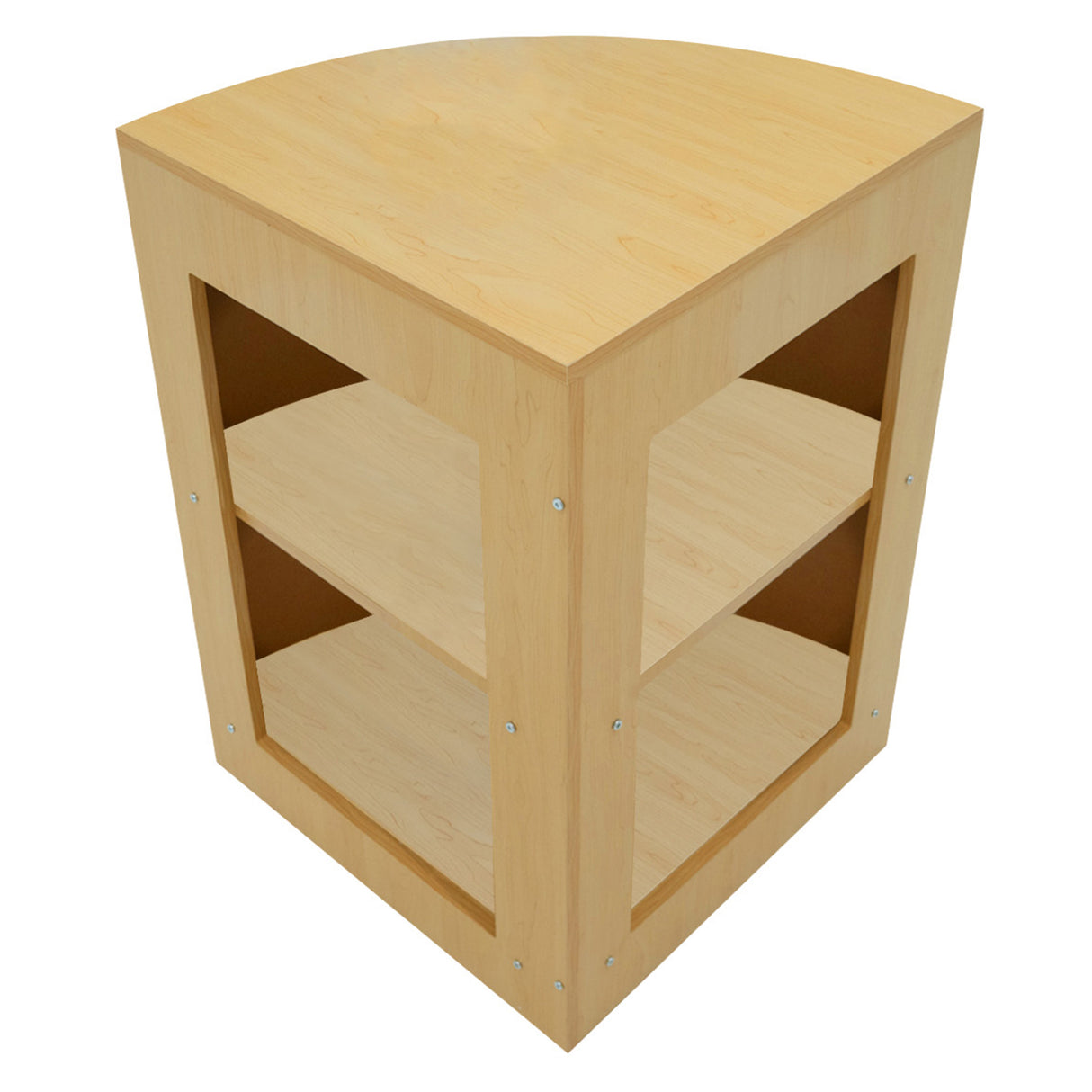 Bancone da negozio Adonis in legno d'acero, design angolare, con ripiani aperti e finitura liscia, ideale per esposizione prodotti