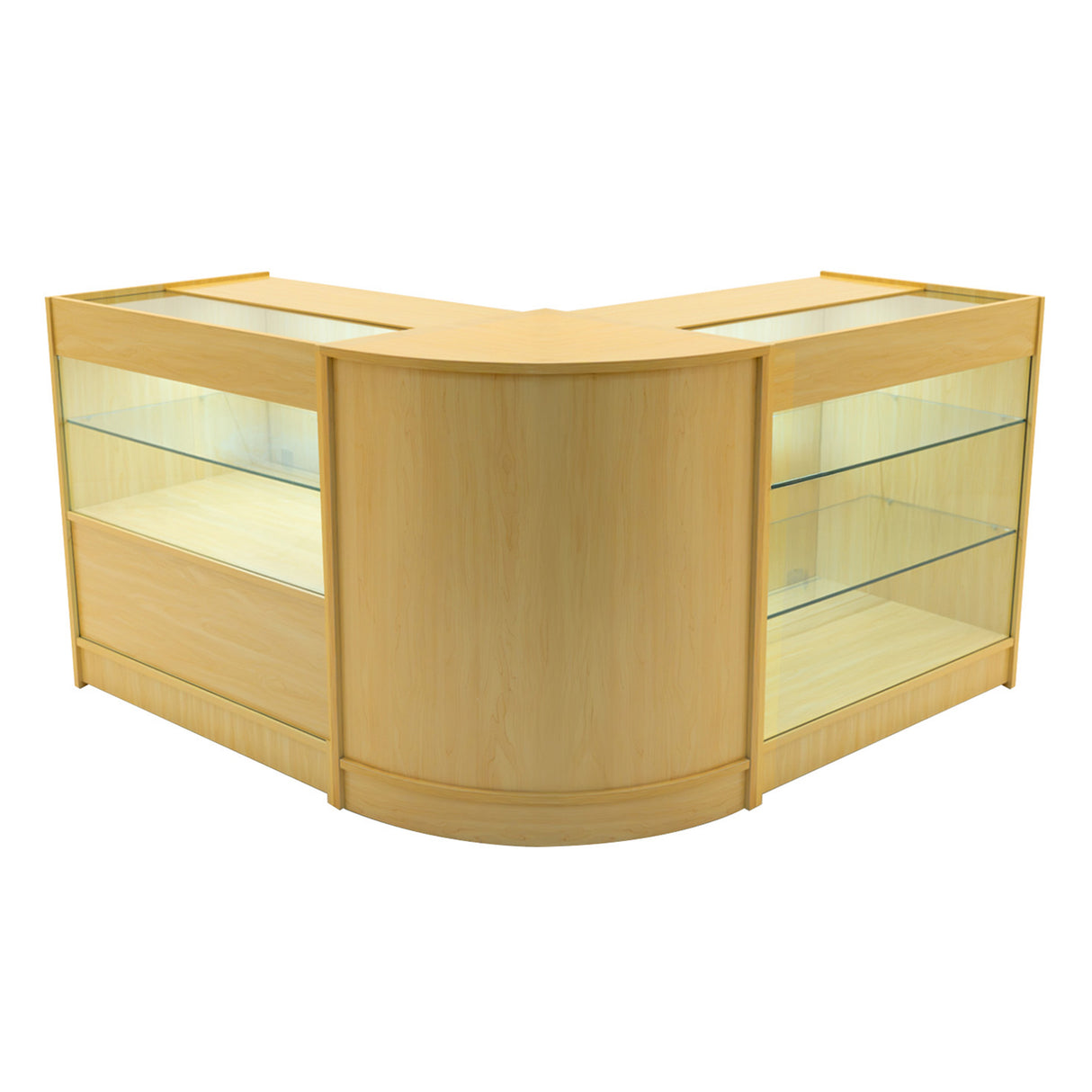 Set bancone Hera LED in legno d'acero, con ripiani in vetro trasparente, design angolare elegante e finitura liscia e lucida