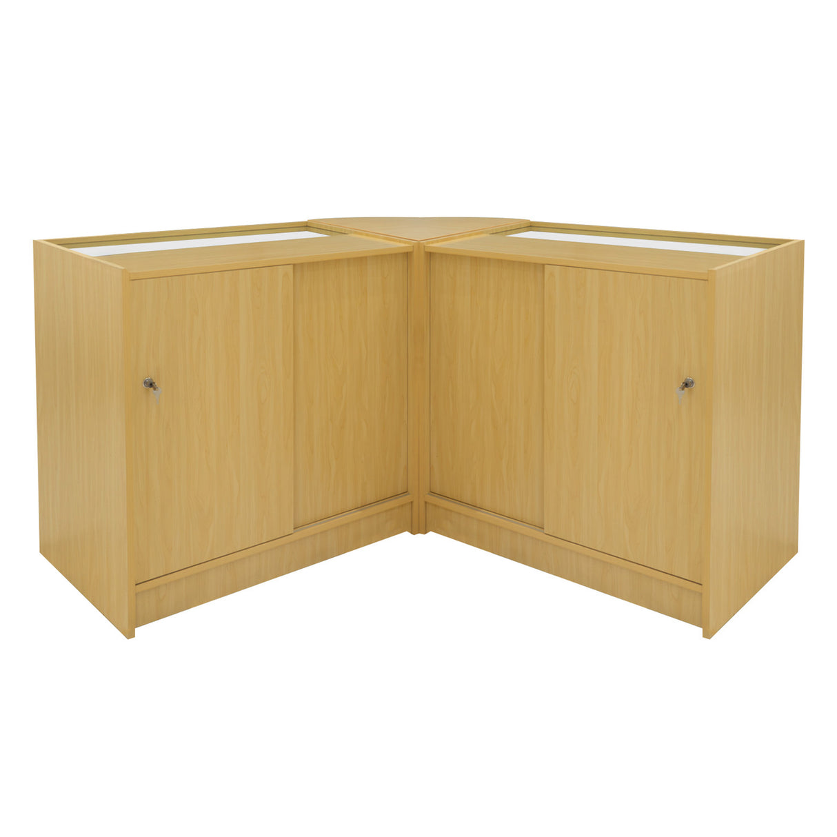 Set bancone angolare Hera LED in legno d'acero, con ante lisce e finitura chiara, ideale per spazi commerciali e esposizioni