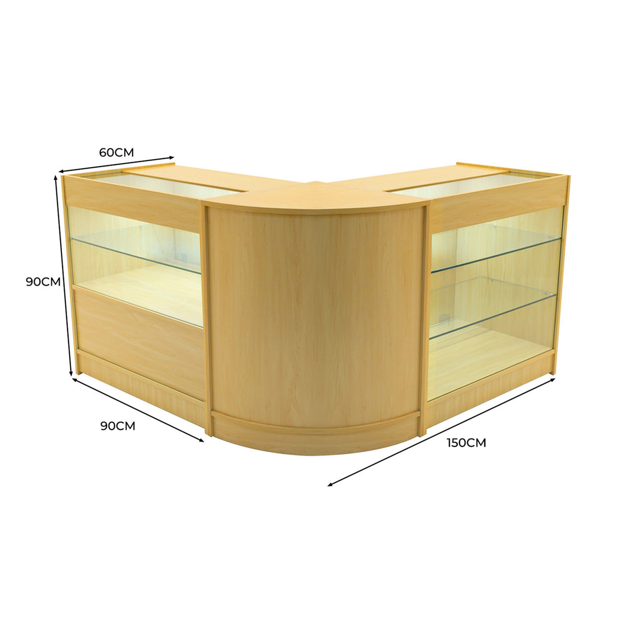 Bancone angolare Hera LED in legno d'acero, con ripiani in vetro, dimensioni 150x90x60 cm, design moderno e luminoso