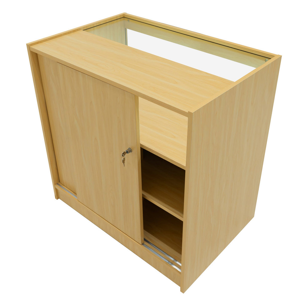 Set bancone Theseus in legno d'acero chiaro, con ante scorrevoli e ripiani interni, design moderno e finitura liscia e lucida