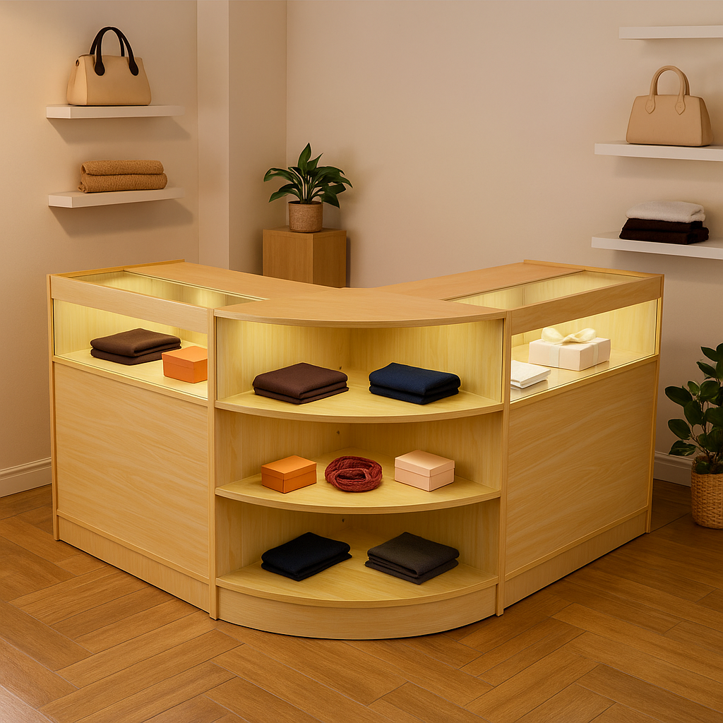 Bancone Theseus in legno d'acero con illuminazione LED, ripiani curvi e spazi per riporre tessuti e accessori eleganti