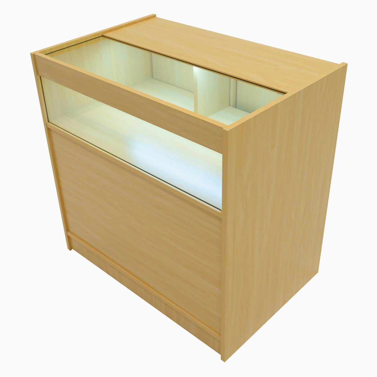 Bancone Theseus LED in legno d'acero chiaro, con superficie liscia e vetrina illuminata, design moderno e funzionale