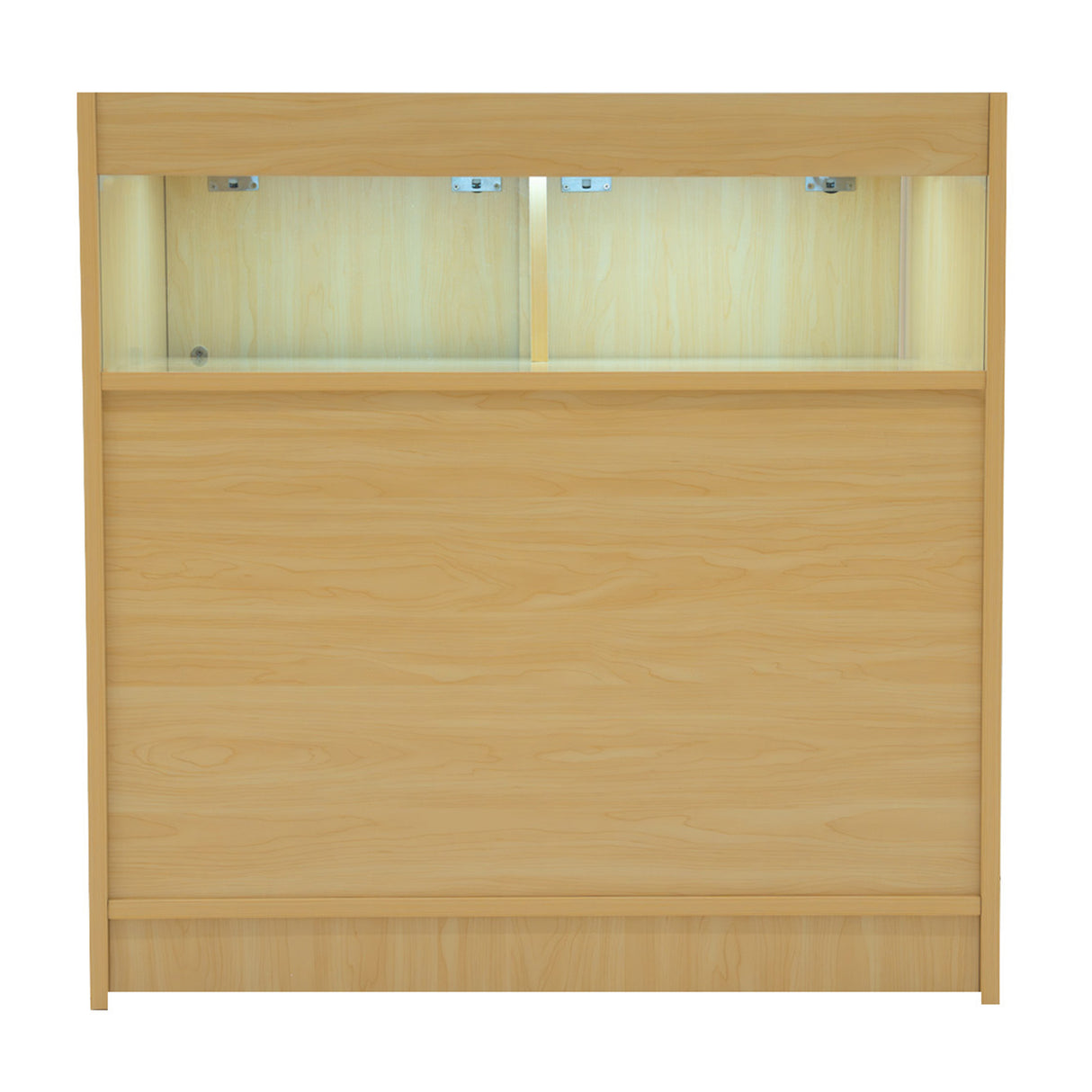 Bancone Theseus in legno d'acero chiaro, con illuminazione LED integrata e design moderno, ideale per spazi eleganti e funzionali