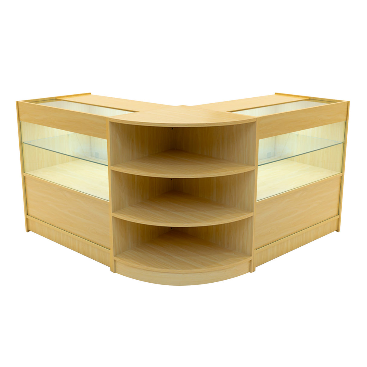 Set di banconi da negozio Andromeda in legno d'acero, con ripiani in vetro e illuminazione LED, design angolare elegante e funzionale
