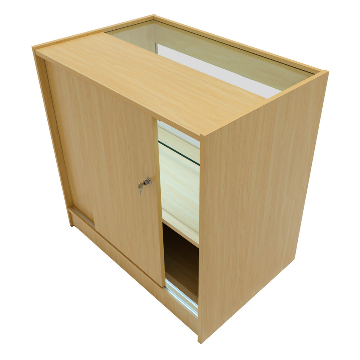 Set banconi da negozio Andromeda in legno d'acero, con finitura liscia, ante scorrevoli e illuminazione LED integrata per esposizione elegante