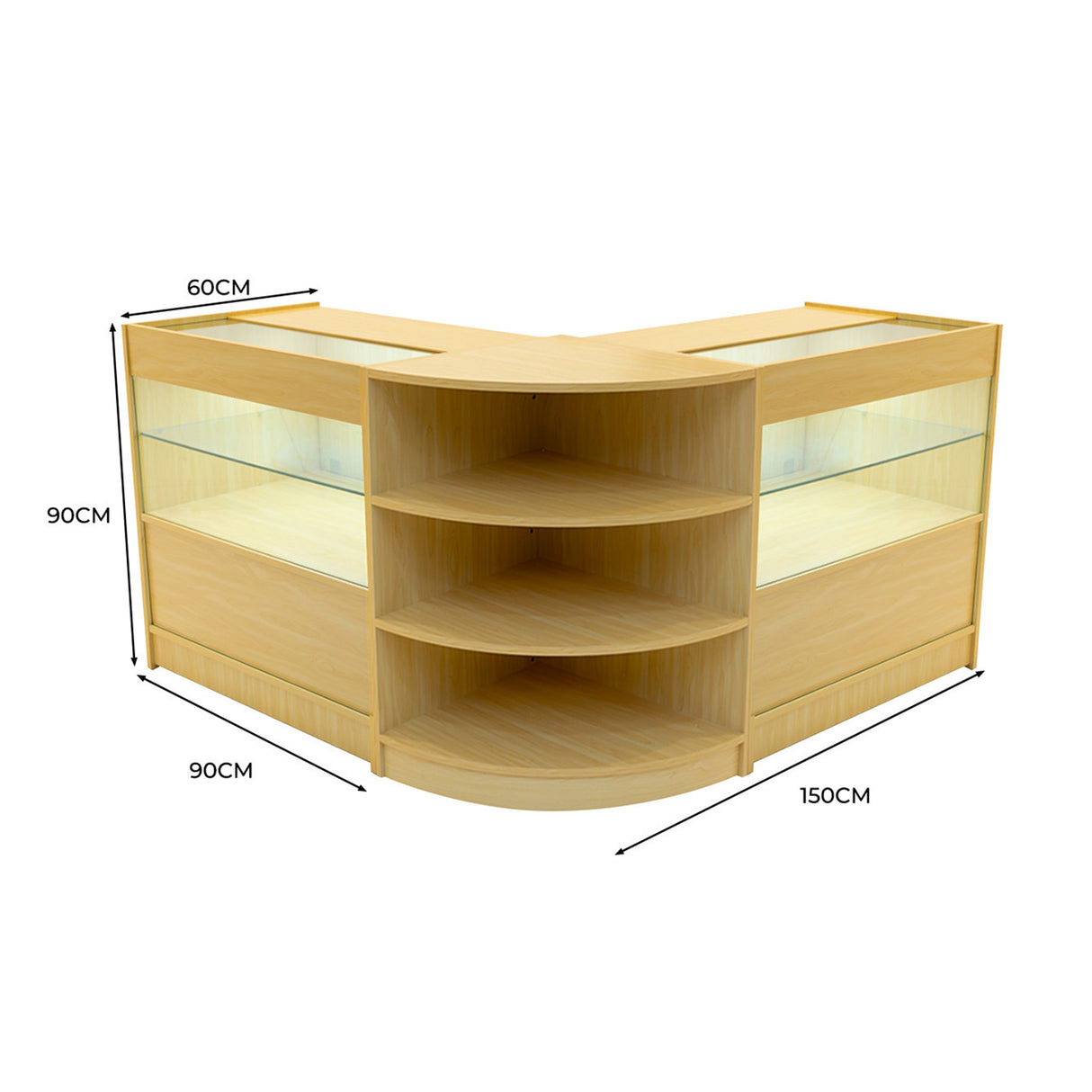 Set banconi da negozio Andromeda in legno d'acero con illuminazione LED, design angolare, tre ripiani e finitura liscia e chiara