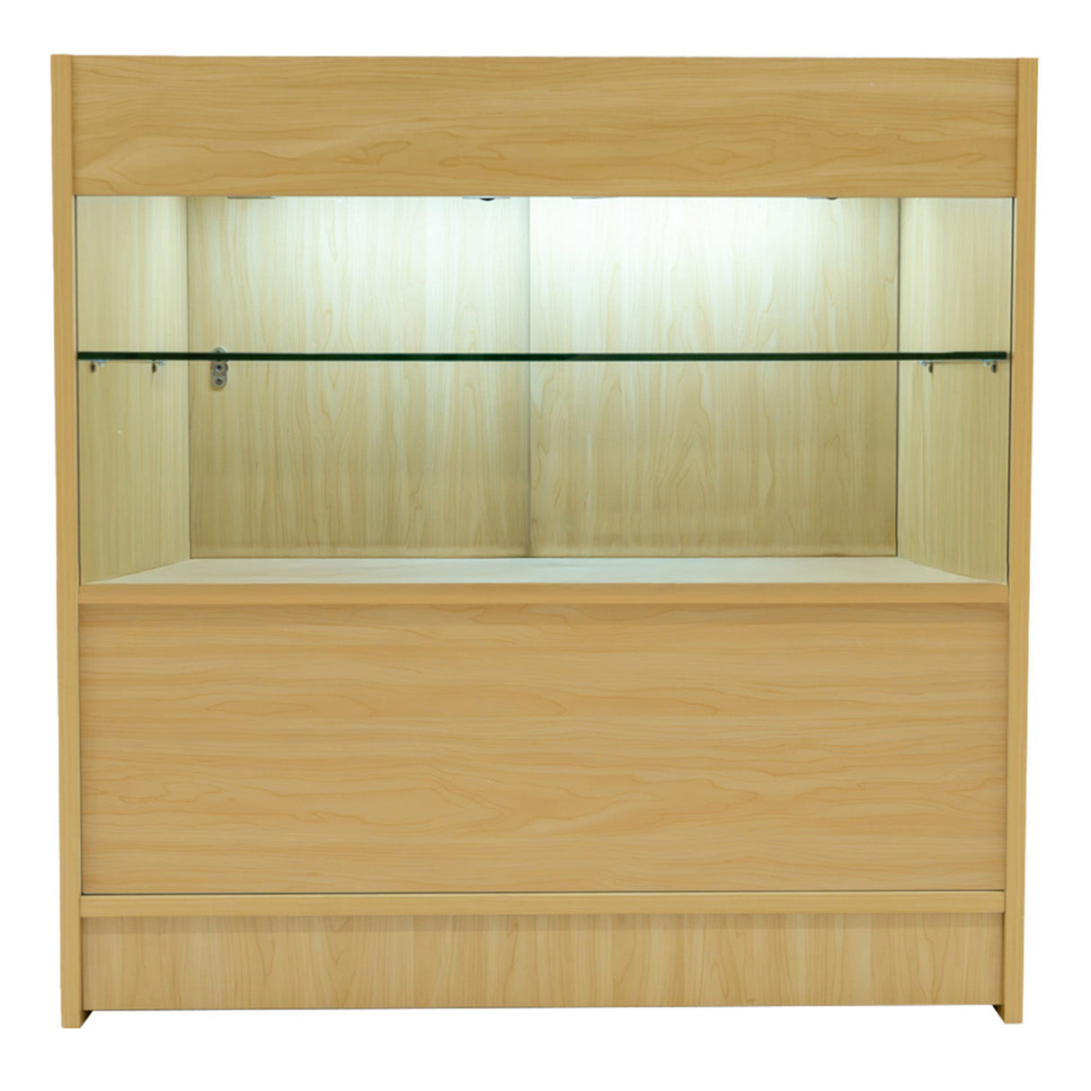 Bancone da negozio Andromeda in legno d'acero chiaro, con ripiano in vetro e illuminazione LED, design moderno e funzionale