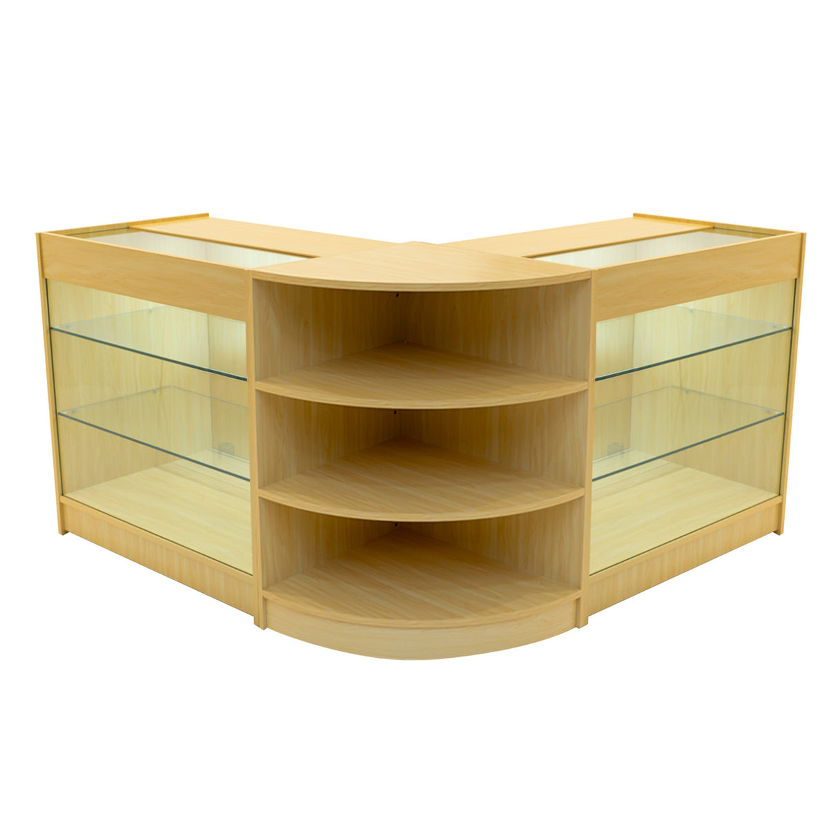 Set bancone negozio Apollo in legno d'acero con ripiani in vetro, design angolare elegante e illuminazione LED integrata