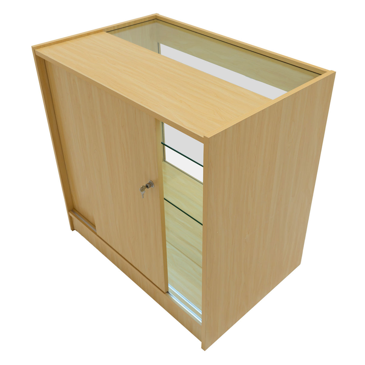 Bancone negozio Apollo in legno d'acero, con finitura liscia, ante scorrevoli e ripiani in vetro, illuminazione LED integrata