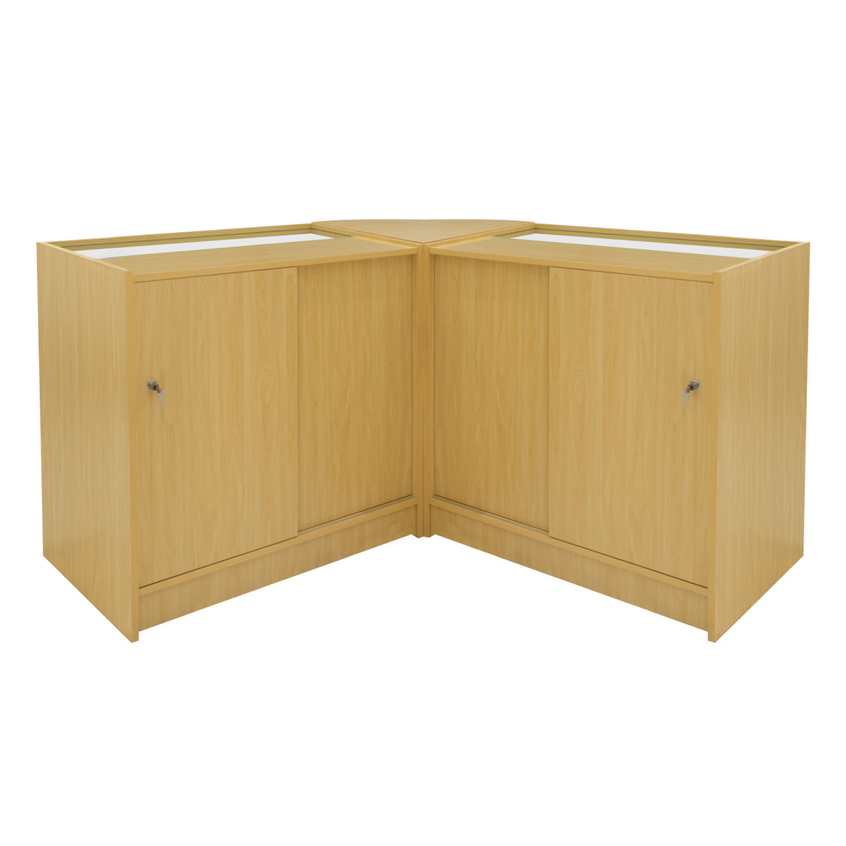 Set bancone negozio Apollo LED in legno d'acero, angolare, con finitura liscia e ante chiuse, ideale per esposizione prodotti