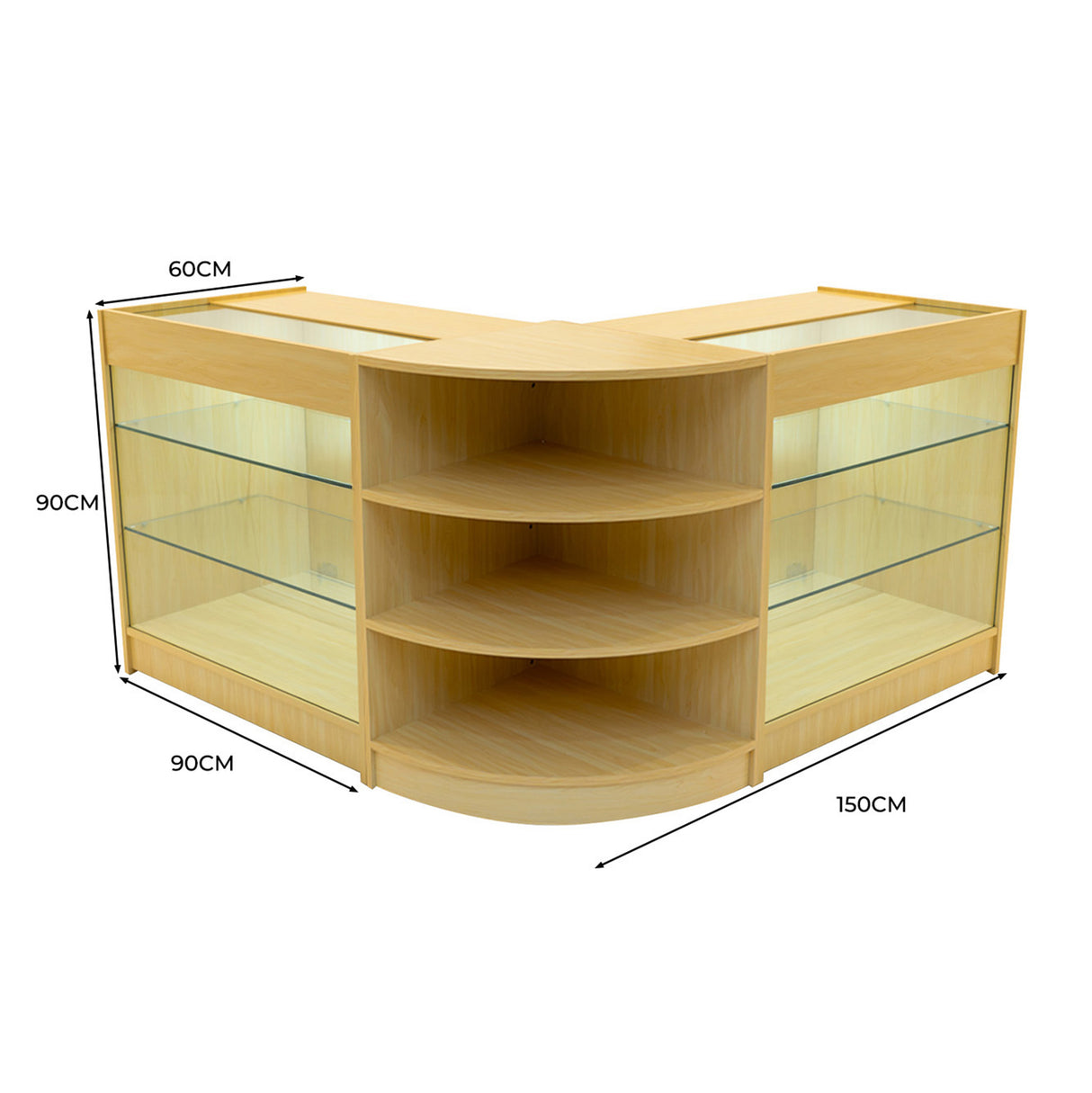 Bancone negozio Apollo in legno d'acero, angolare, con ripiani in vetro trasparente, dimensioni 150x90x60 cm, design moderno e funzionale