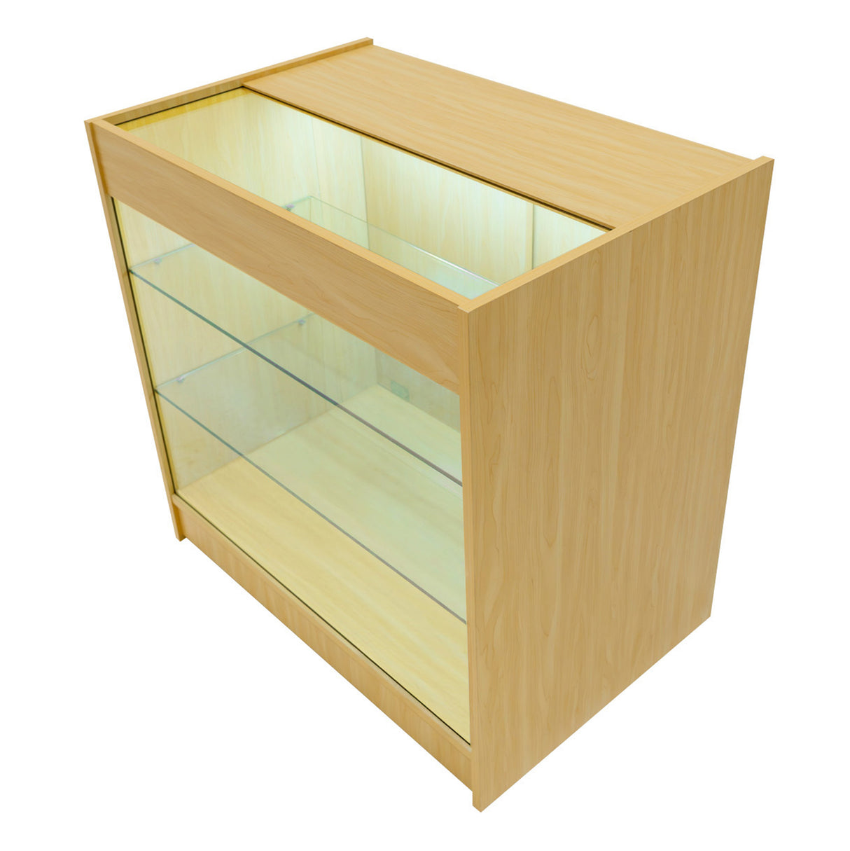 Set bancone negozio Apollo in legno d'acero, con illuminazione LED e ripiani in vetro, design elegante e moderno, angolare LM60