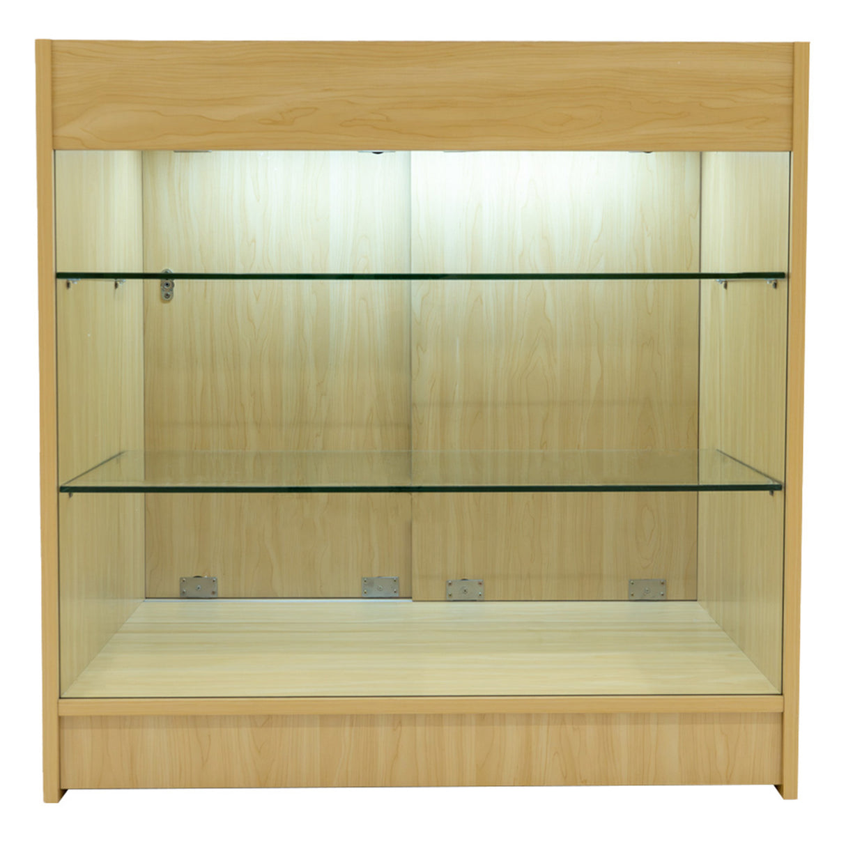 Set bancone negozio Apollo in legno d'acero, con illuminazione LED, ripiani in vetro trasparente e design moderno e funzionale