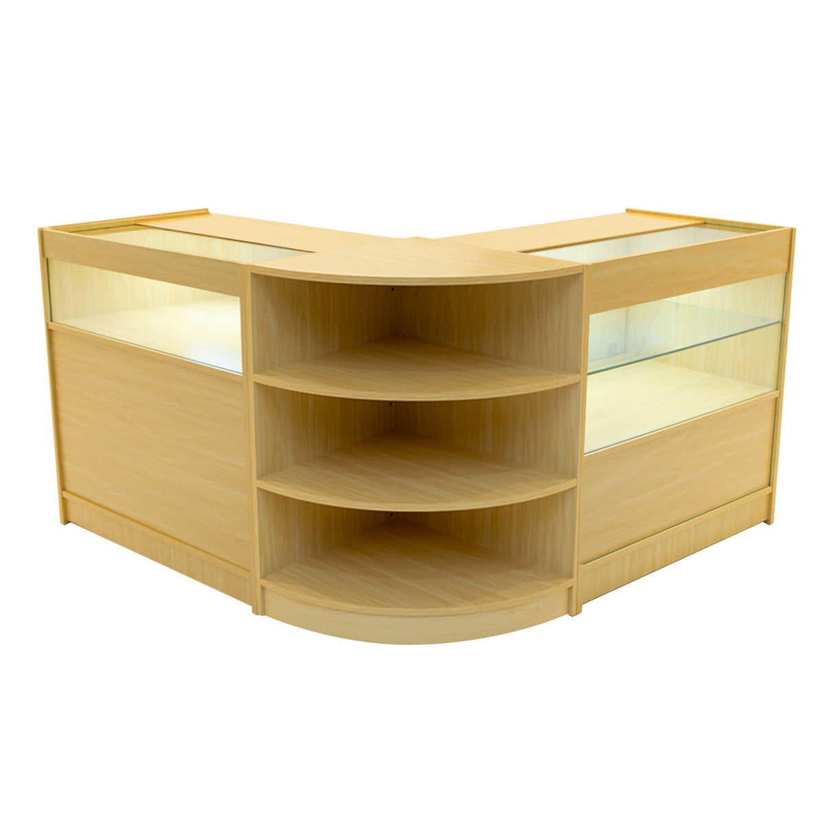 Set banconi LED Harmonia in acero, con ripiani curvi e vetrine illuminate, design elegante e moderno per esposizione prodotti