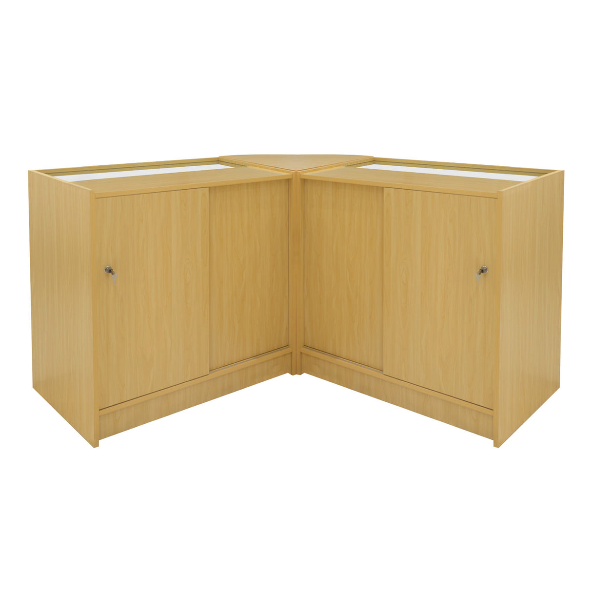 Set di banconi angolari LED Harmonia in legno d'acero, con finitura chiara e ante lisce, ideale per esposizioni e arredamenti moderni
