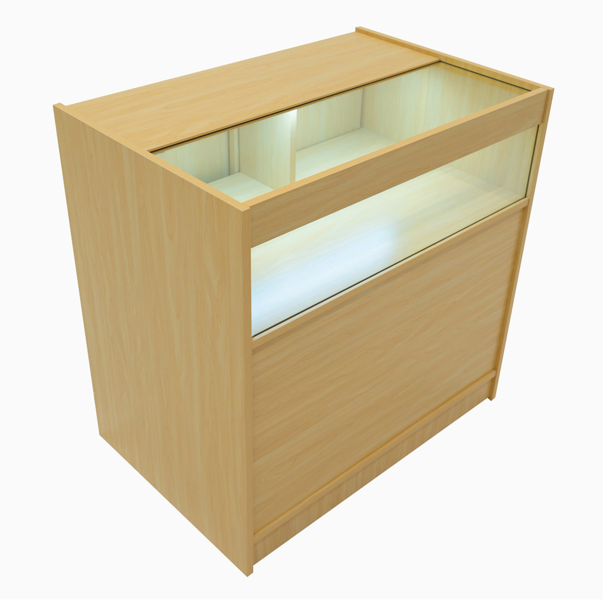 Set banconi LED Harmonia in acero chiaro, con superficie liscia e vetro trasparente, illuminazione interna per esposizione prodotti