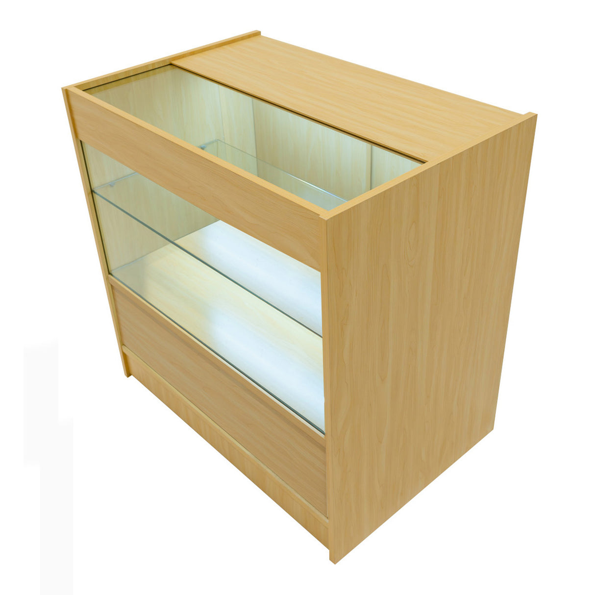 Set banconi LED Harmonia in acero chiaro, con ripiani in vetro illuminati e cassetto inferiore per un design elegante e funzionale