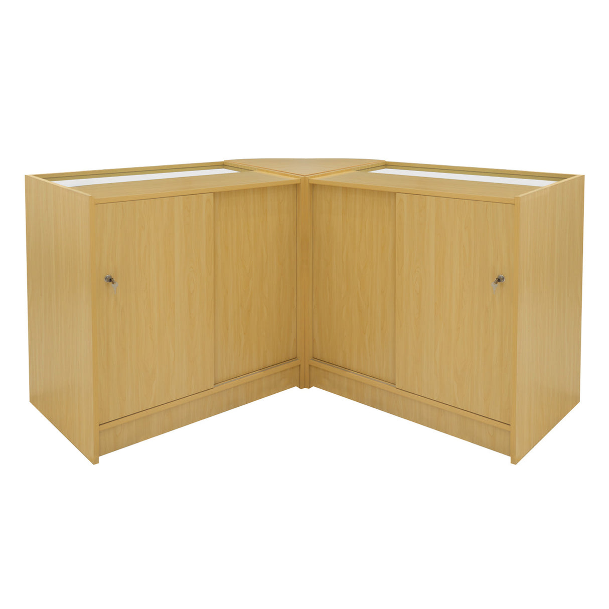 Set banconi LED Demeter K900, B900 e LM60 in legno d'acero chiaro, con ante e piano d'appoggio in vetro trasparente, design angolare elegante