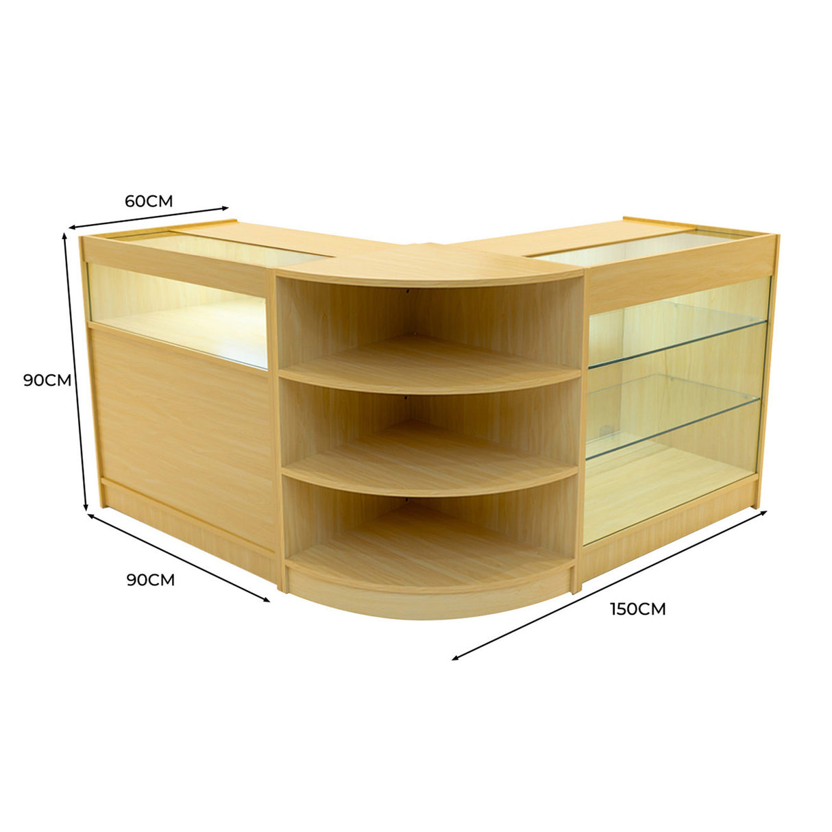 Set banconi LED Demeter in legno d'acero, design curvo, con ripiani in vetro e illuminazione, misure 150x90x60 cm