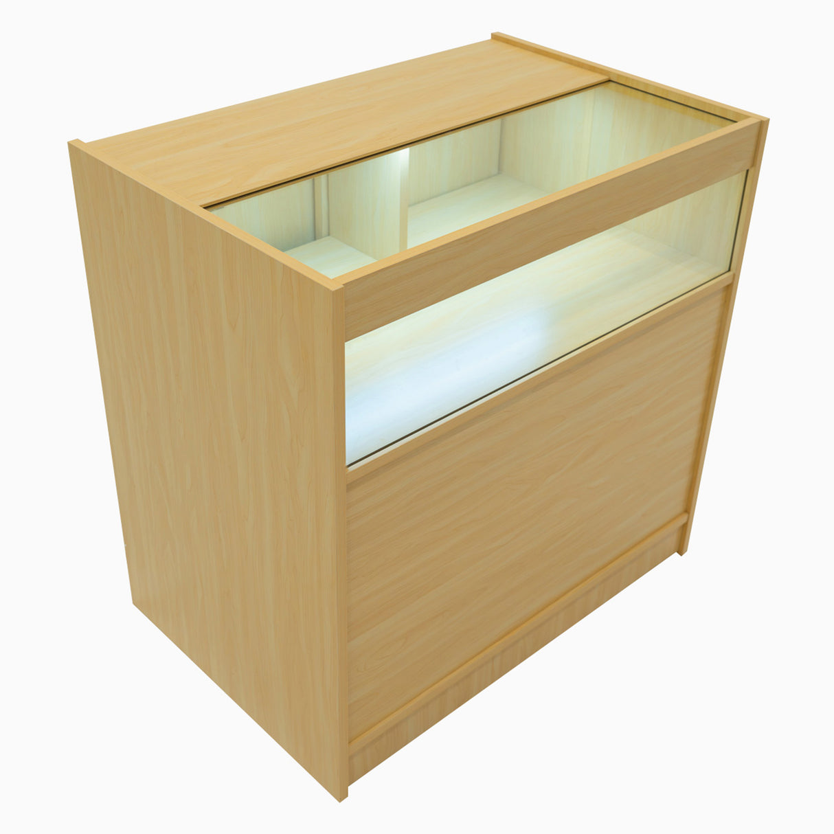 Bancone LED Demeter in legno d'acero chiaro, con vetro frontale e illuminazione interna, design moderno e linee pulite