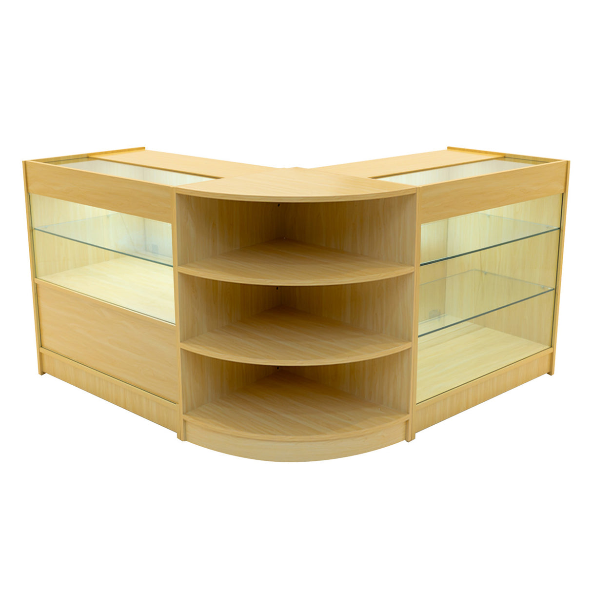 Set banconi negozio Calliope in legno d'acero, con ripiani in vetro, design angolare elegante e finitura liscia e naturale