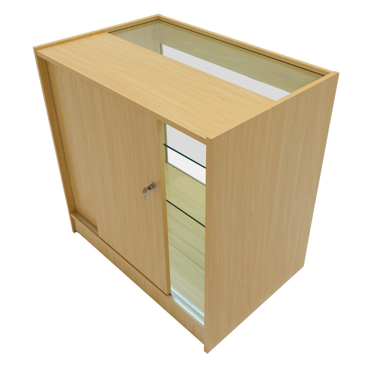 Set banconi negozio Calliope in legno d'acero, con finitura liscia, ante scorrevoli e ripiani in vetro per esposizione elegante
