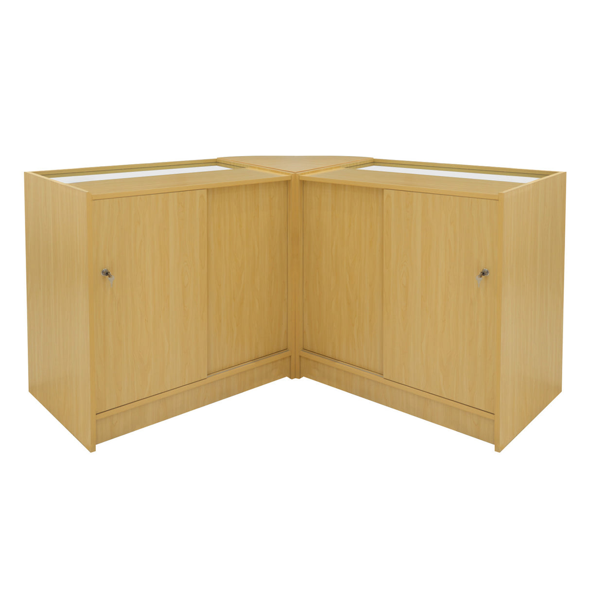 Set banconi negozio Calliope in legno d'acero chiaro, con ante scorrevoli e ripiani trasparenti, design angolare elegante e funzionale