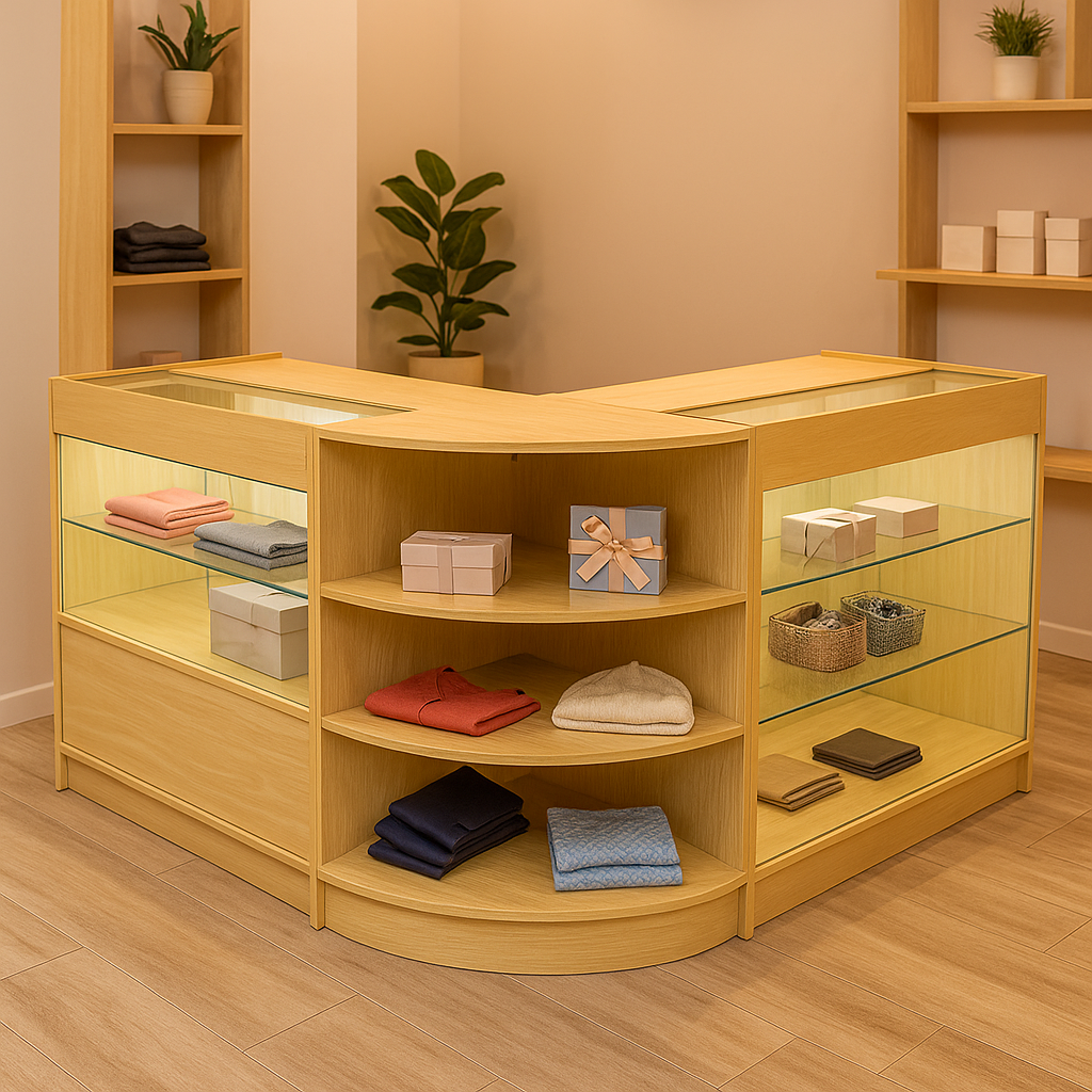 Bancone negozio in legno d'acero con illuminazione LED, ripiani in vetro, espositore per abbigliamento e accessori colorati
