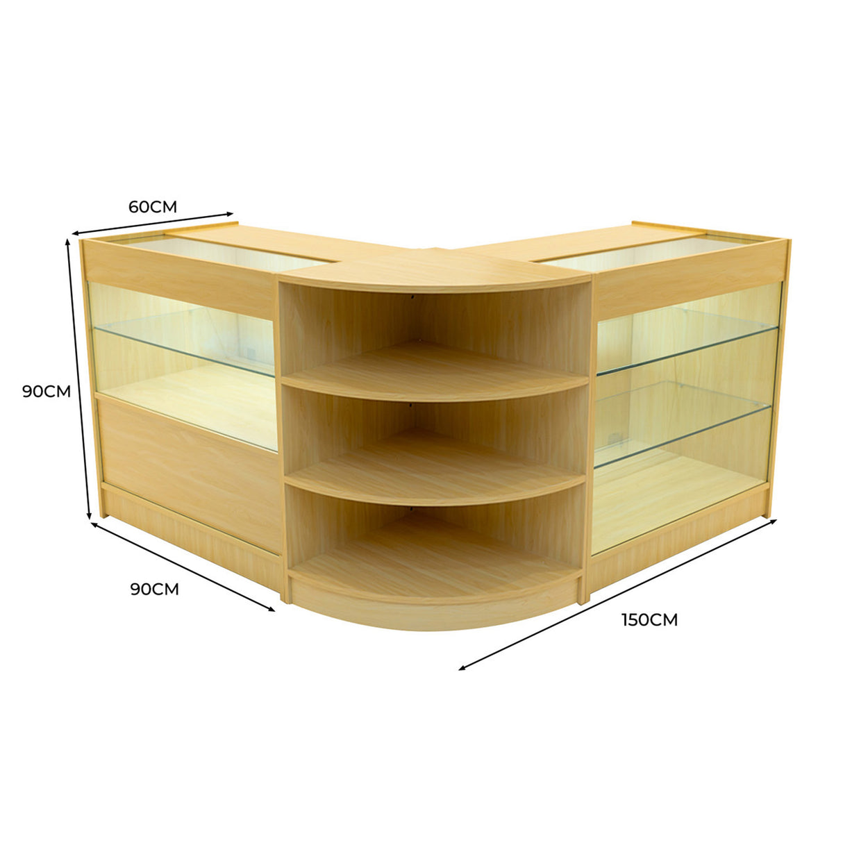 Bancone negozio Calliope in legno d'acero, con ripiani in vetro, design angolare, dimensioni 150x90x60 cm, elegante e funzionale