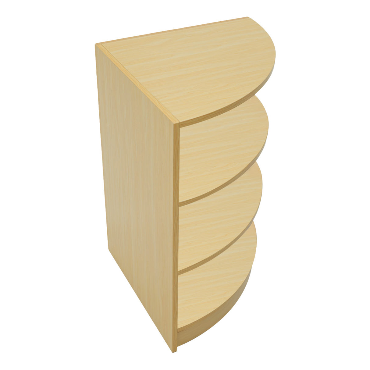 Set banconi negozio Calliope in legno d'acero, design curvo con quattro ripiani, finitura chiara e superficie liscia e lucida