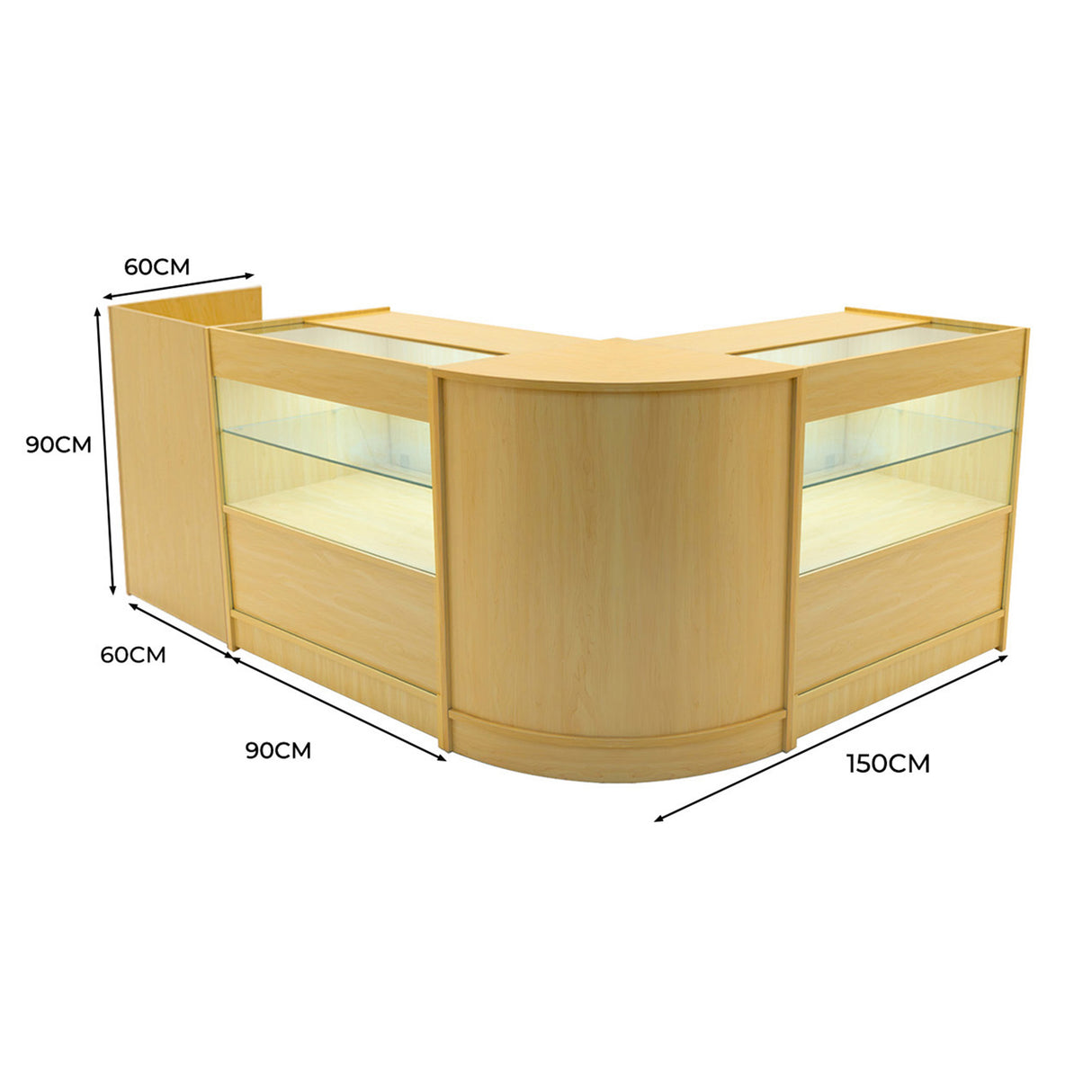 Bancone negozio angolare in legno d'acero chiaro con illuminazione LED, dimensioni 150x90x90 cm, design moderno e funzionale
